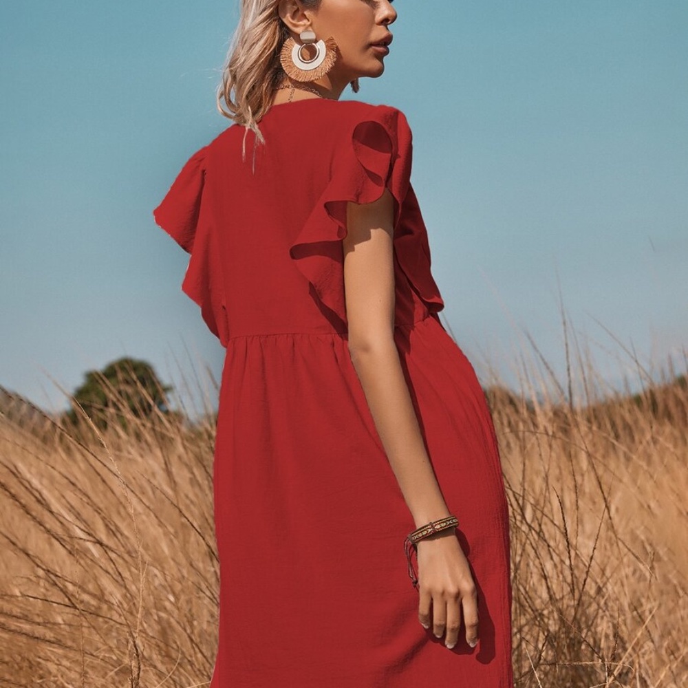 V neck button detail boho ruffle sleeve Red - Picture 16 of 16